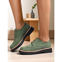 Women's Green Faux Suede Oxford Shoes - Classic Wingtip Brogues with Rubber Sole for Workwear, Fall Commute and Everyday Smart Looks