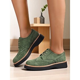 Women's Green Faux Suede Oxford Shoes - Classic Wingtip Brogues with Rubber Sole for Workwear, Fall Commute and Everyday Smart Looks