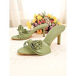 Women's Green Heel Sandals - Elegant Open Toe Slip-On Dress Shoes with Floral Bow Detail for Casual Dates and Summer Outfits