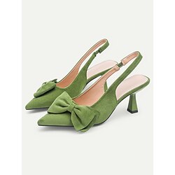 Women's Green Suede Slingback Heels - Pointed Toe Kitten Heels with Bow Detail, Elegant Pumps for Parties Office Wear