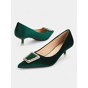 Women's Green Velvet Pointed Toe Kitten Heels with Rhinestone Buckle - Elegant Pumps for Formal Events and Parties