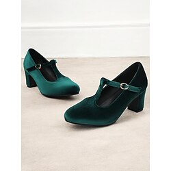 Women's Green Velvet T-Strap Mary Jane Heels with Block Heel - Vintage-Inspired Dress Shoes for Parties and Formal Events