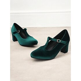 Women's Green Velvet T-Strap Mary Jane Heels with Block Heel - Vintage-Inspired Dress Shoes for Parties and Formal Events
