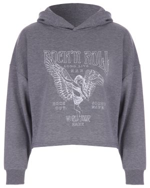 Womens Grey Crop Slogan Pullover Hoody