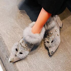 Women's Grey Fur-Trimmed Pointed-Toe Ankle Boots - Rhinestone Fox and Star Embellishments with Chunky Heels