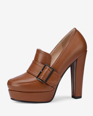 Women's High Heel Loafers Platform Buckle Chunky Heel Slip On Pumps