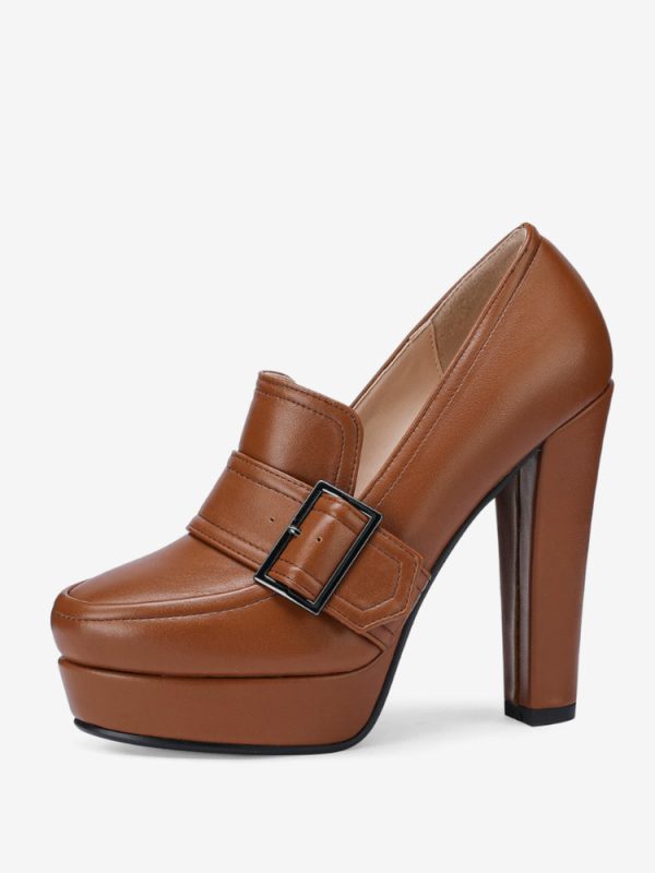 Women's High Heel Loafers Platform Buckle Chunky Heel Slip On Pumps