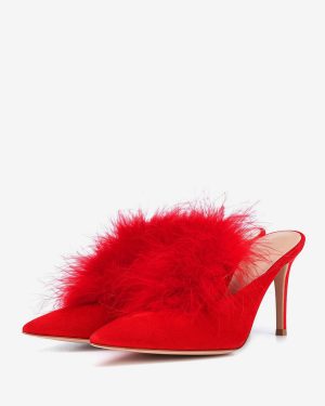 Women's High Heel Mules Faux Feather Pointed Toe High Heels