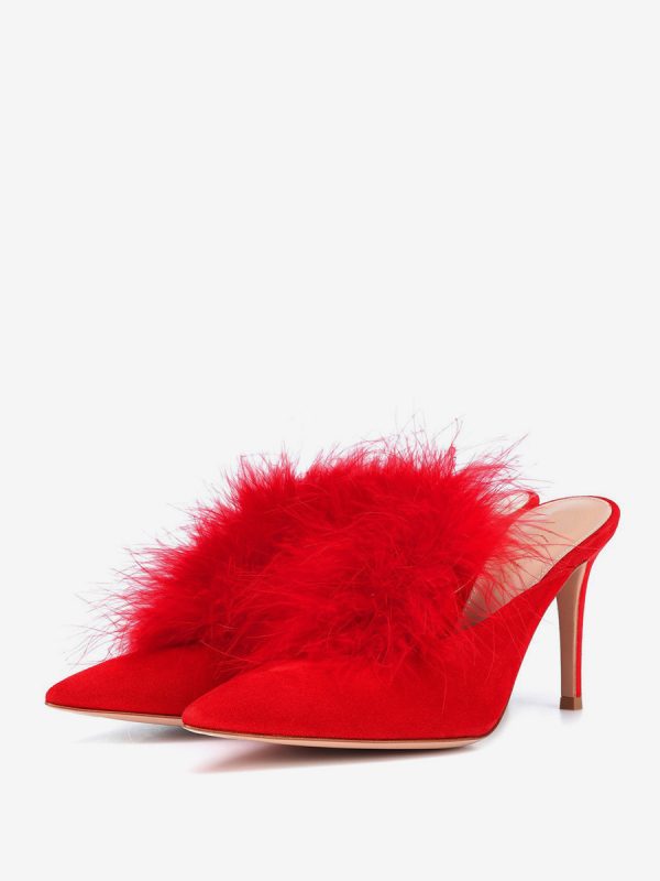 Women's High Heel Mules Faux Feather Pointed Toe High Heels