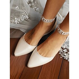 Women's Ivory Pointed-Toe Flats with Rhinestone Ankle Strap - Chic Ballet Flats for Date Night Wedding