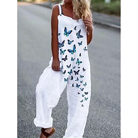 Women's Jumpsuit Dungarees Sleeveless Butterfly Print Top White Pants Casual Comfortable Adjustable Strap Straight-Leg Summer Fashion Clothing Apparel