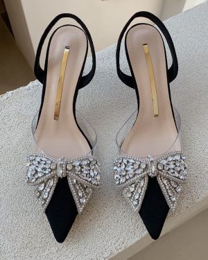 Women's Kitten Heel Pumps Black Pointed Toe Rhinestones Bow Slingback Party Shoes