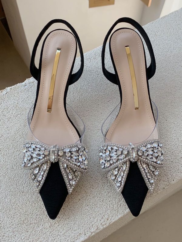 Women's Kitten Heel Pumps Black Pointed Toe Rhinestones Bow Slingback Party Shoes