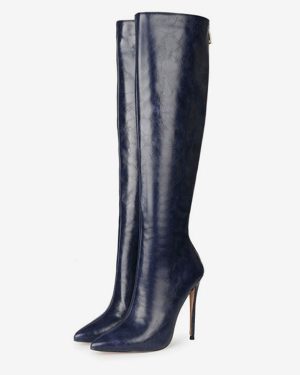 Womens Knee High Boots Navy Blue Pointed Toe PU Leather Stiletto Heeled Boots