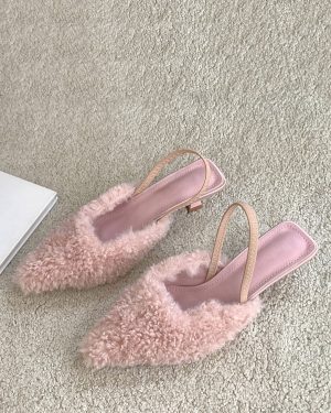 Women's Lace Up Kitten Heel Polyester Mules Light Pink