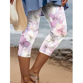 Women's Leggings Capri Pants High Elasticity Fashion Streetwear Full Length High Waist Floral Printing Thermal Warm Breathable Soft Outdoor Daily Pink Blue Pu