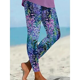 Women's Leggings Trousers Culottes Wide Leg Fashion Full Length High Waist Floral Printing Micro-elastic Work Dailywear Violet Fall Winter Skinny