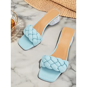 Women's Light Blue Braided Strap Heeled Mules - Trendy Square Toe Summer Sandals