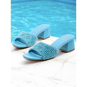Women's Light Blue Pearl-Embellished Block Heel Mules - Elegant Open-Toe Slip-On Sandals for Summer Parties Evening Wear