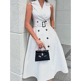Women's Long Dress Maxi Dress Blazer Dress A Line Dress Elegant Stylish Formal Work Daily Date Regular Fit Stripe Sleeveless Shirt Collar White Summer Spring F