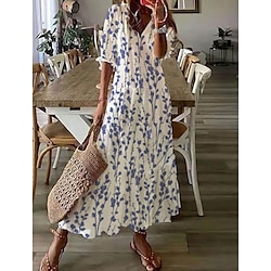 Women's Long Dress Maxi Dress Casual Dress Boho Dress Print Dress Peplum Dresses Romantic Classic Elegant Dress Puff Sleeve Vacation Daily Holiday Loose Fit Graphic Flower Half Sleeve V Neck Light