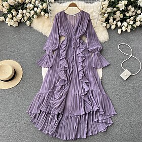 Women's Long Dress Maxi Dress Casual Dress Summer Dress Peplum Dresses Vintage Fashion Outdoor Holiday Date Regular Fit Plain Long Sleeve V Neck Black Yellow P
