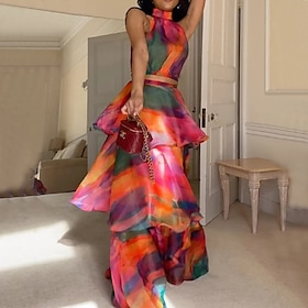 Women's Long Dress Maxi Dress Casual Dress Swing Dress Print Dress Fashion Outdoor Party Holiday Regular Fit Abstract Short Sleeve Halter Neck Red Summer
