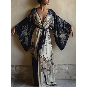 Women's Long Dress Maxi Dress Casual Dress Swing Dress Summer Dress Fashion Modern Daily Holiday Beach Regular Fit Floral Long Sleeve V Neck Wine Navy Blue Blu
