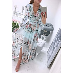 Women's Long Dress Maxi Dress Cocktail Dress Print Dress Fashion Outdoor Tea Party Weekend Regular Fit Flower Long Sleeve V Neck Pink Purple Light Blue Summer