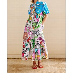 Women's Long Dress Maxi Dress Cotton Linen Dresses Casual Dress Fashion Outdoor Party Holiday Regular Fit Flower Short Sleeve Shirt Collar Blue Summer