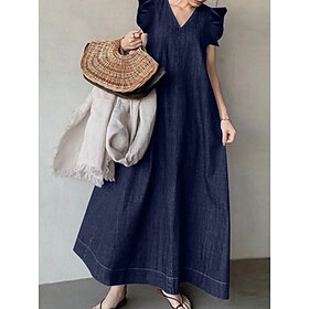 Women's Long Dress Maxi Dress Denim Dress Boho Chic Dresses Bohemia Vintage Stylish Vacation Casual Daily Loose Fit Plain Sleeveless V Neck Black Navy Blue Blu