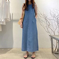 Women's Long Dress Maxi Dress Denim Dress Casual Dress Summer Dress Fashion Outdoor Holiday Date Regular Fit Plain Sleeveless Crew Neck Black Blue Dark Blue Summer Spring