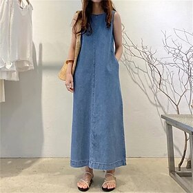 Women's Long Dress Maxi Dress Denim Dress Casual Dress Summer Dress Fashion Outdoor Holiday Date Regular Fit Plain Sleeveless Crew Neck Black Blue Dark Blue Su