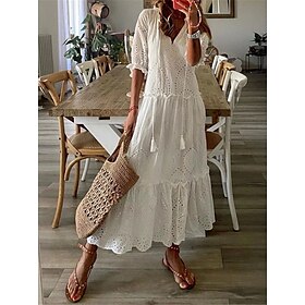 Women's Long Dress Maxi Dress Maxi Dress White Dress Casual Dress Swing Dress A Line Dress Streetwear Maxi Vacation Holiday Date Regular Fit Half Sleeve V Neck