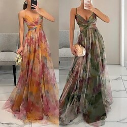 Women's Long Dress Maxi Dress Party Dress Cocktail Dress Swing Dress Elegant Fashion Party Tea Party Going out Regular Fit Flower Sleeveless Spaghetti Strap Army Green Orange Summer