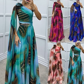 Women's Long Dress Maxi Dress Prom Dress Party Dress Elegant Fashion Party Special Occasion Evening Party Regular Fit Flower Short Sleeve One Shoulder Pink Red