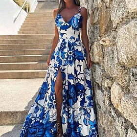 Women's Long Dress Maxi Dress Prom Dress Party Dress Elegant Fashion Party Special Occasion Evening Party Regular Fit Flower Sleeveless Spaghetti Strap Blue Su