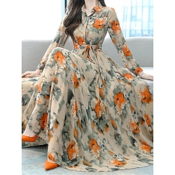 Women's Long Dress Maxi Dress Swing Dress A Line Dress Print Dress SpringDress Fashion Streetwear Mature Outdoor Vacation Street Regular Fit Floral Long Sleeve Shirt Collar Red Orange Spring Fall