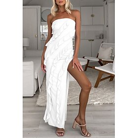 Women's Long Dress Maxi Dress White Dress Graduation Dress Party Dress Elegant Fashion Party Birthday Graduation Regular Fit Plain Sleeveless Strapless White S
