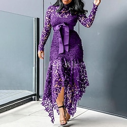Women's Long Dress Maxi Dress White Dress Lace Dress Party Dress Cocktail Dress Elegant Stylish Casual Winter Dress Vacation Wedding Guest Regular Fit Pure Color Long Sleeve Stand Collar Black White