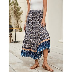 Women's Long Skirt Bohemia Boho Long Maxi High Waist Skirts Graphic Color Block Patchwork Print Micro-elastic Holiday Beach Navy Fuchsia Spring, Fall, Winter,
