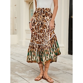 Women's Long Skirt Bohemia Boho Long Maxi High Waist Skirts Leopard Color Block Patchwork Print Micro-elastic Holiday Beach Brown Spring, Fall, Winter, Summer