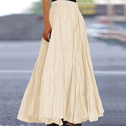 Women's Long Skirt Elastic Waist A-line Pleated Cream Lightweight Casual Spring Summer Versatile Flowy Bottoms