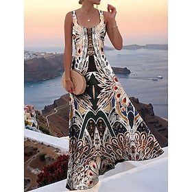 Women's Maxi Dress A Line Dress Off The Shoulder Dress Vacation Casual Beach Party Going out Beach Regular Fit Graphic Paisley Sleeveless Square Neck Black Sum