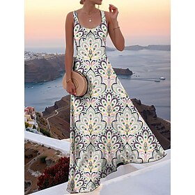 Women's Maxi Dress A Line Dress Off The Shoulder Dress Vacation Casual Beach Party Regular Fit Floral Graphic Paisley Sleeveless Square Neck Green Summer Sprin