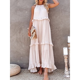 Women's Maxi Dress A Line Dress Ruffle Dress Casual Outdoor Going out Regular Fit Solid Color Sleeveless Halter Neck White Pink Navy Blue Green Summer