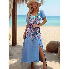 Women's Maxi Dress A Line Dress T Shirt Dress Tee Dress Summer Dress Elegant Vacation Tropical Beach Regular Fit Floral Graphic Short Sleeve Crew Neck Blue Sum
