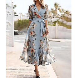 Women's Maxi Dress Blue Summer Spring Wrap Dress Shift Dress Work Dresses Casual Semi Formal Formal Office Regular Fit Floral Graphic Shirt Collar