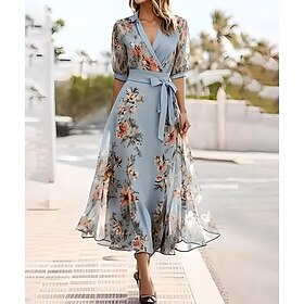Women's Maxi Dress Blue Summer Spring Wrap Dress Shift Dress Work Dresses Casual Semi Formal Formal Office Regular Fit Floral Graphic Shirt Collar