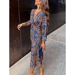 Women's Maxi Dress Bodycon Dress Work Dresses Semi Formal Vacation Daily Regular Fit Graphic Long Sleeve V Neck Wine Purple Green Dark Blue Summer